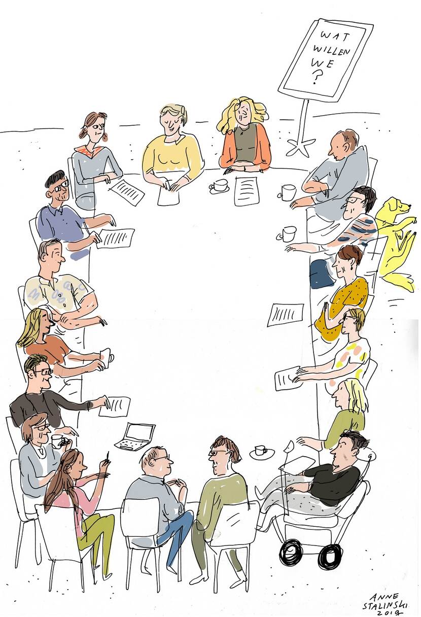cartoon van mensen aan een vergadertafel